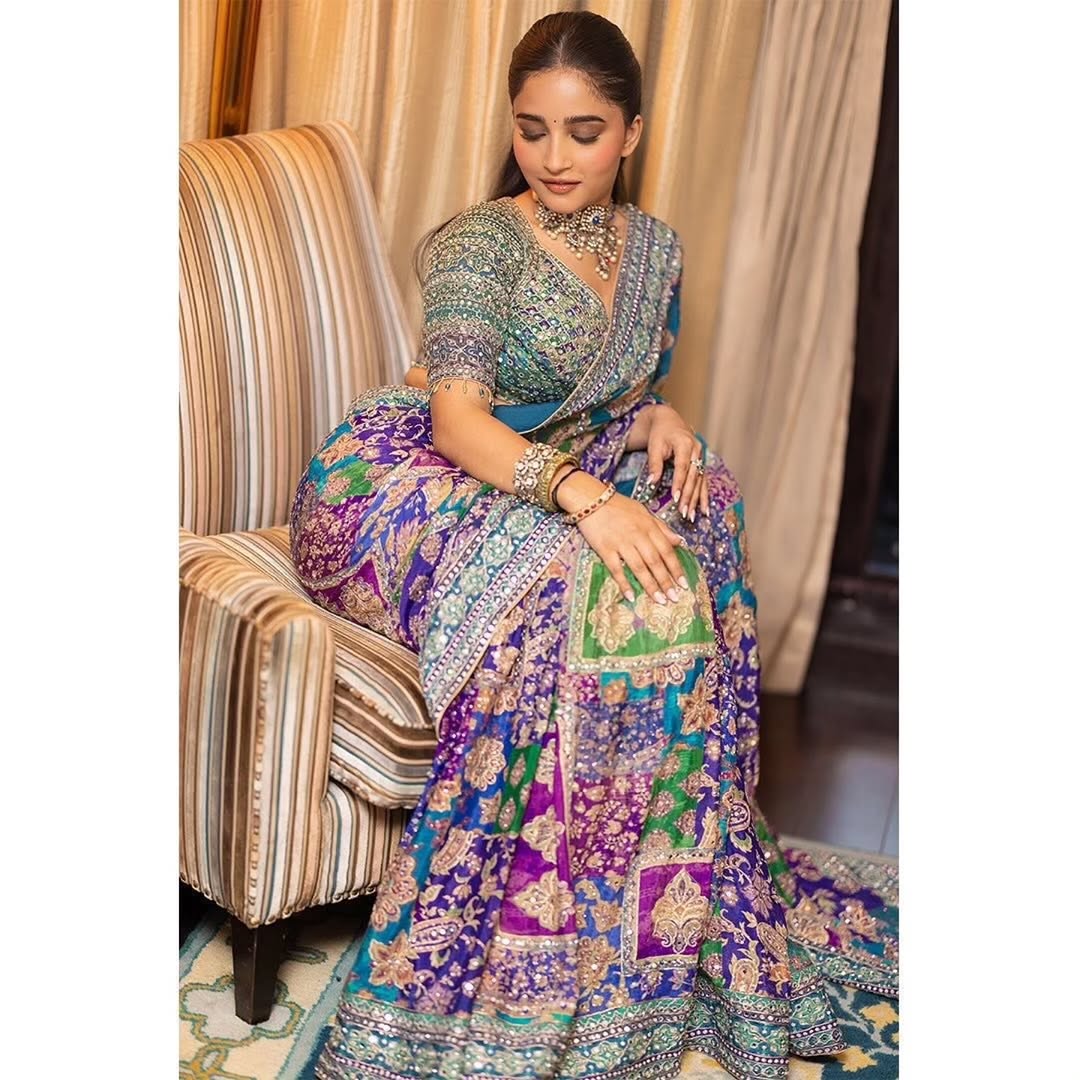 Digital Print Saree with Intricate Aari Work and Original Mirror Work